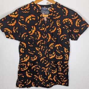 Scrub Top Halloween Trick or Treat Jack-O-Lanterns Blk/Orange Womens Large (59)
